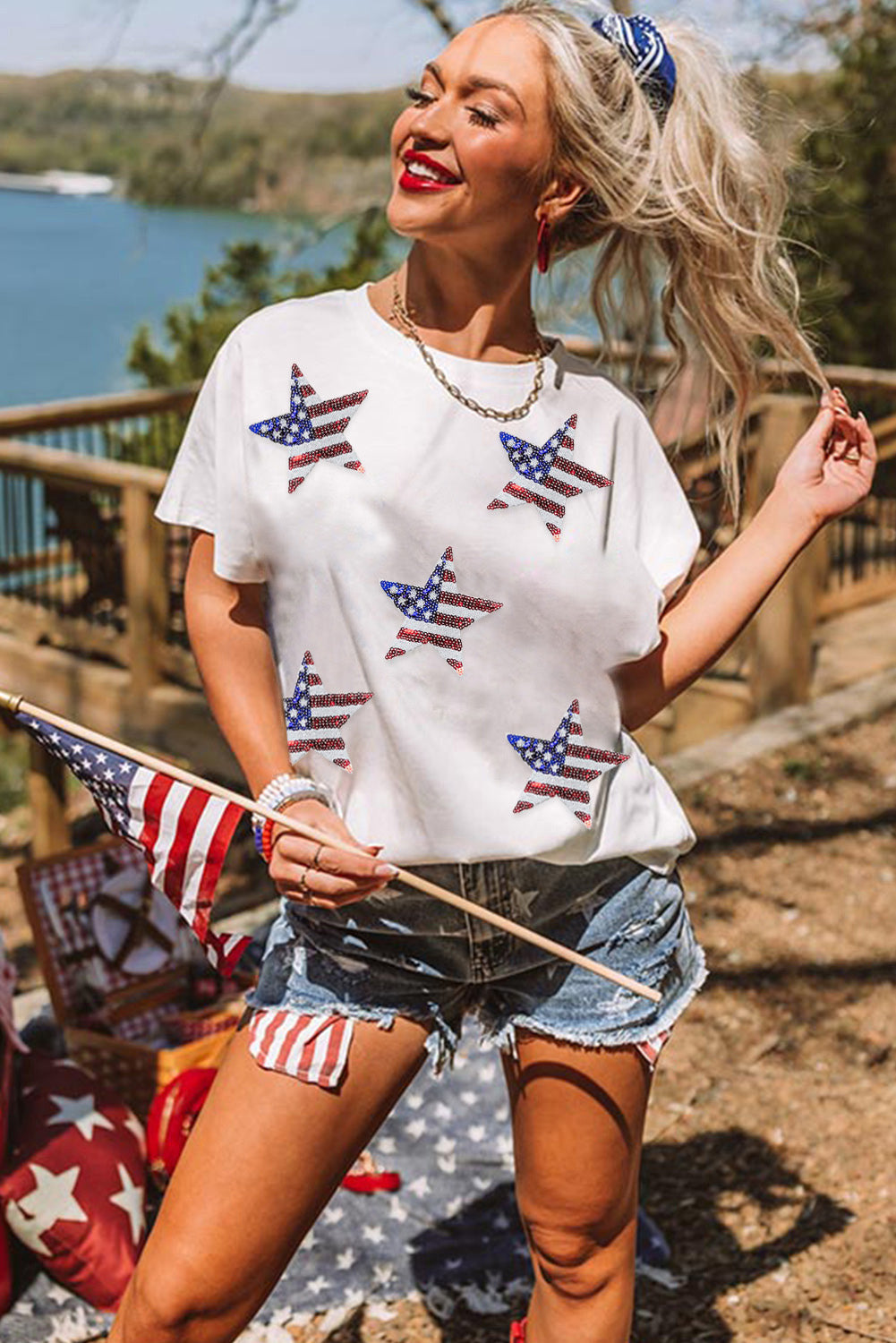 White Sequined  Star Graphic T Shirt