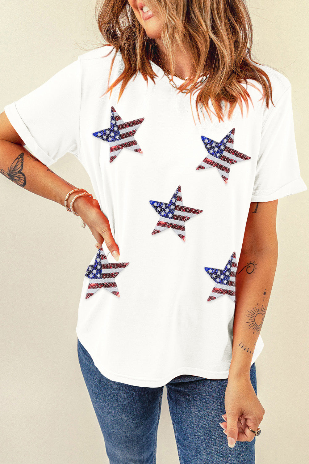 White Sequined  Star Graphic T Shirt