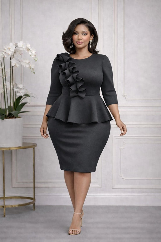 Plus Size Super Techno Ruffled Peblum Midi Dress