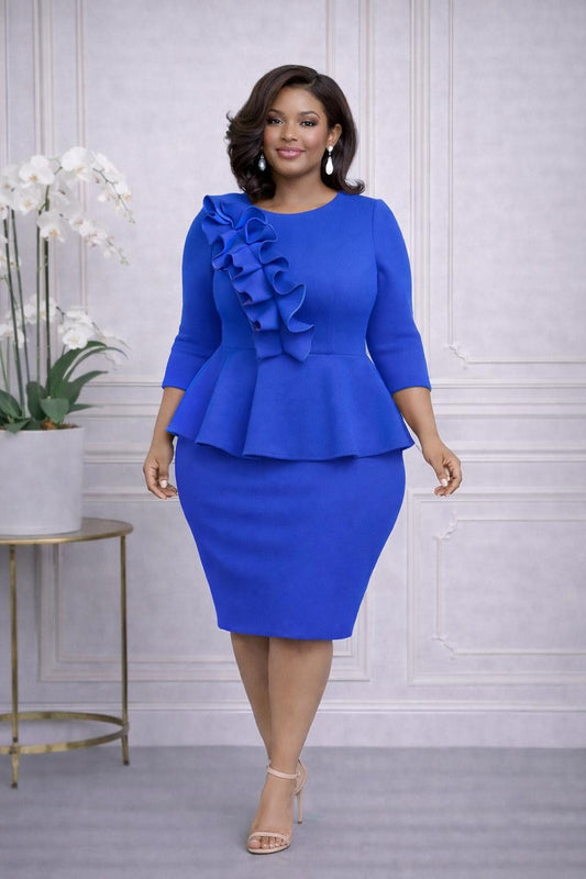Plus Size Super Techno Ruffled Peblum Midi Dress