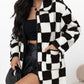 Black Checkered Side Pockets Collared Buttoned Fleece Jacket