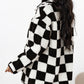 Black Checkered Side Pockets Collared Buttoned Fleece Jacket